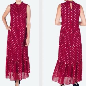 NWT Donna Ricco Foil Dot Sleeveless Tiered Maxi Dress Size 4 Berry Pink/Gold